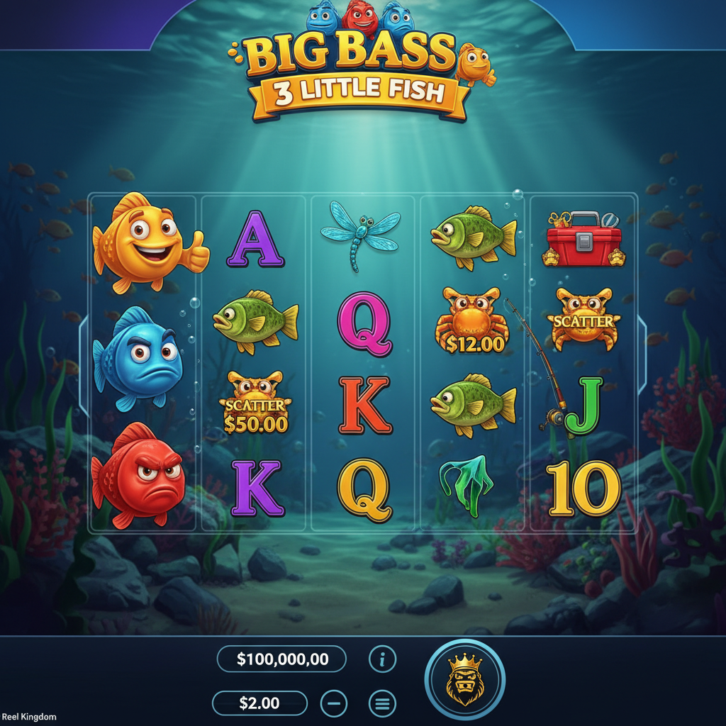 Big Bass 3 Little Fish Jackpot Bonanza Slot mit drei bunten Fischen, Unterwasser-Angelszene und 5x3 Walzen