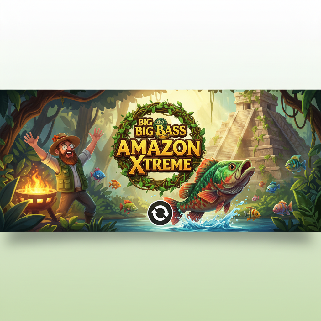 Big Bass Amazon Xtreme Slot – Angler im Amazonas Dschungel mit bunten Fischen und Tempel im Hintergrund