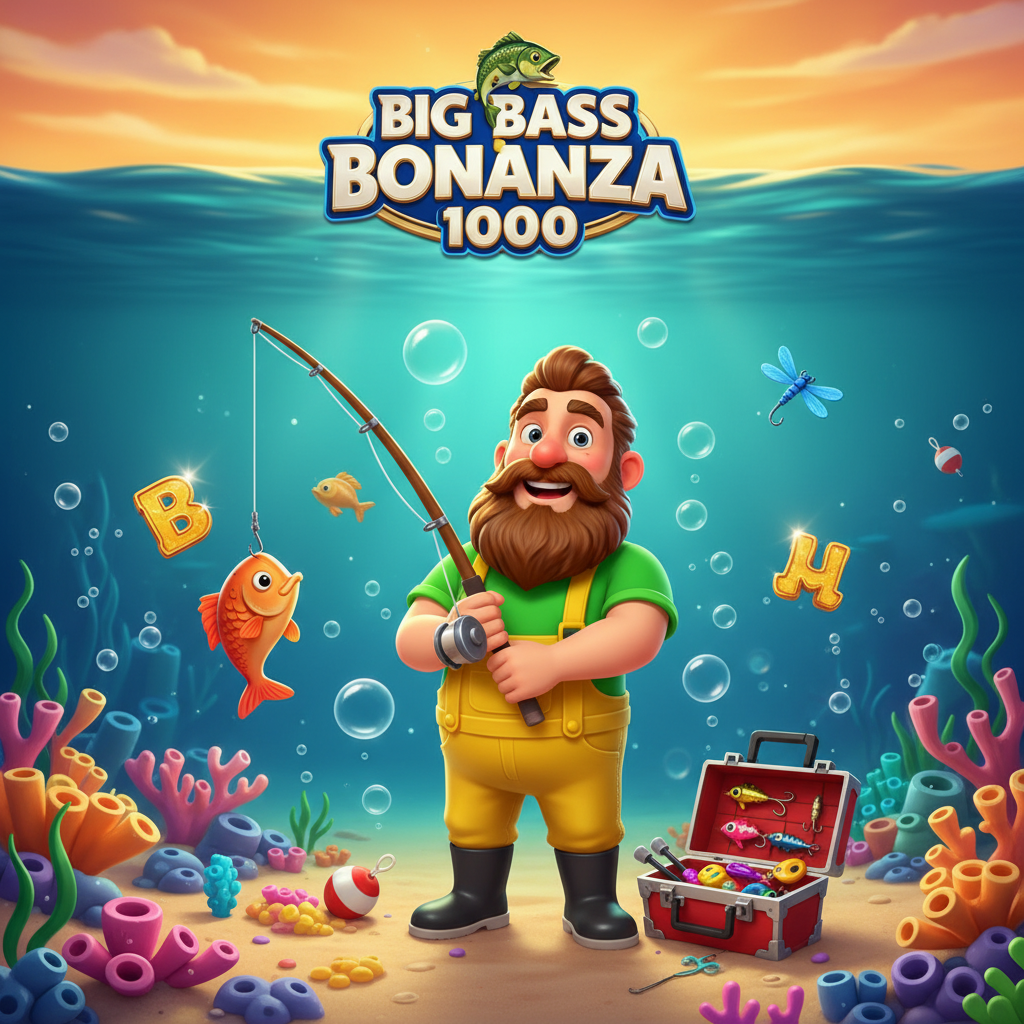 Big Bass Bonanza 1000 Slot mit Angler in gelber Latzhose vor türkisfarbenem Unterwasserhintergrund mit Angel, Tackle Box und Angelpose