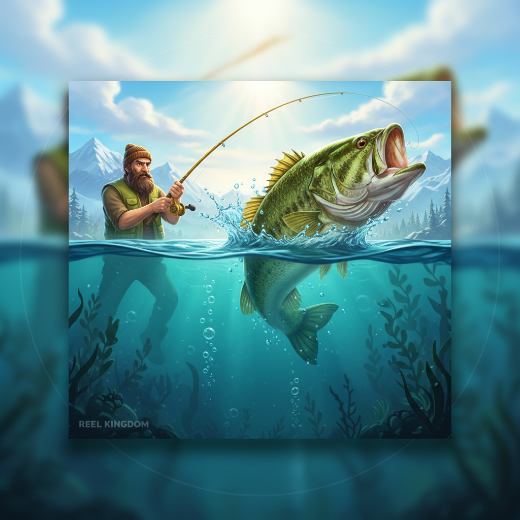 Big Bass Bonanza Slot mit Angler, springendem Bass-Fisch, Unterwasser-Szene und Freispiel-Features von Pragmatic Play
