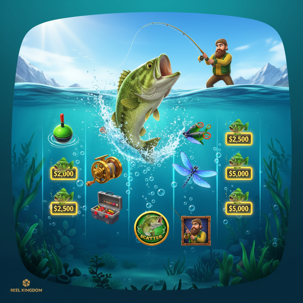 Big Bass Bonanza Slot mit Angler, springendem Bass-Fisch, Unterwasser-Ambiente, Scatter- und Wild-Symbolen, goldener Angel und Freispiel-Features