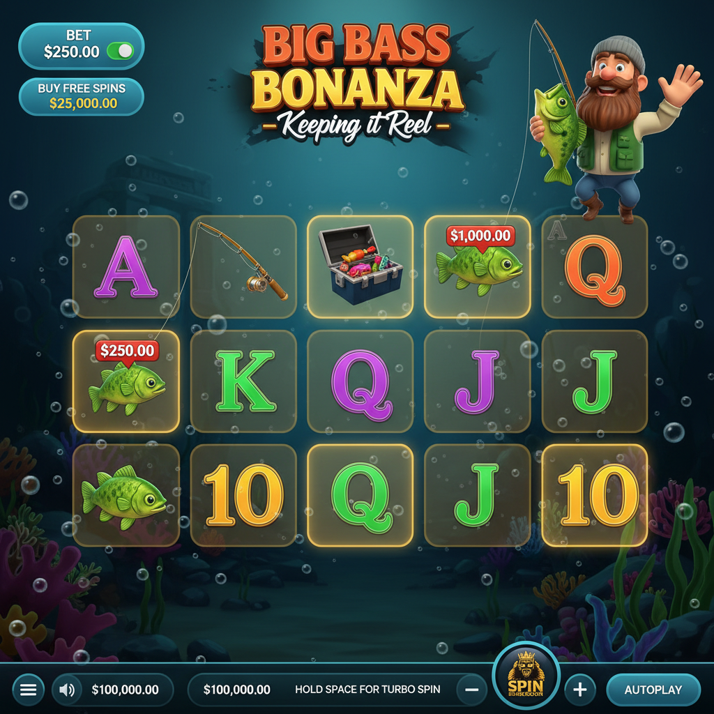 Big Bass Bonanza Keeping it Reel Slot mit Fischer-Charakter, Unterwasser-Walzen, goldenen Symbolen und Fisch-Geld-Features