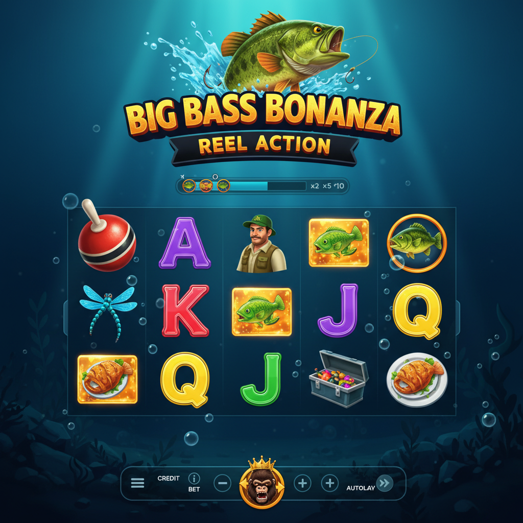 Big Bass Bonanza Reel Action Spielautomat mit springendem Bass, Unterwasser-Hintergrund, Angler-Wild-Symbol und goldenen Scatter-Fischen auf 5x4 Walzen