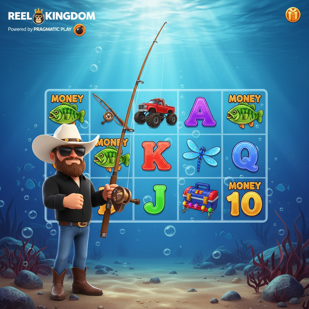 Big Bass Boom slot game showing fisherman with white cowboy hat and sunglasses next to 5x3 underwater reels with bass fish, monster truck, fishing rod, tackle box and dragonfly symbols on sandy seabed