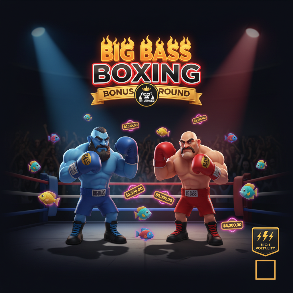 Big Bass Boxing Bonus Round Slot – zwei Boxer-Charaktere in blauer und roter Ausrüstung im Boxring, Reel Kingdom Logo, Scheinwerfer, Fisch-Money-Symbole