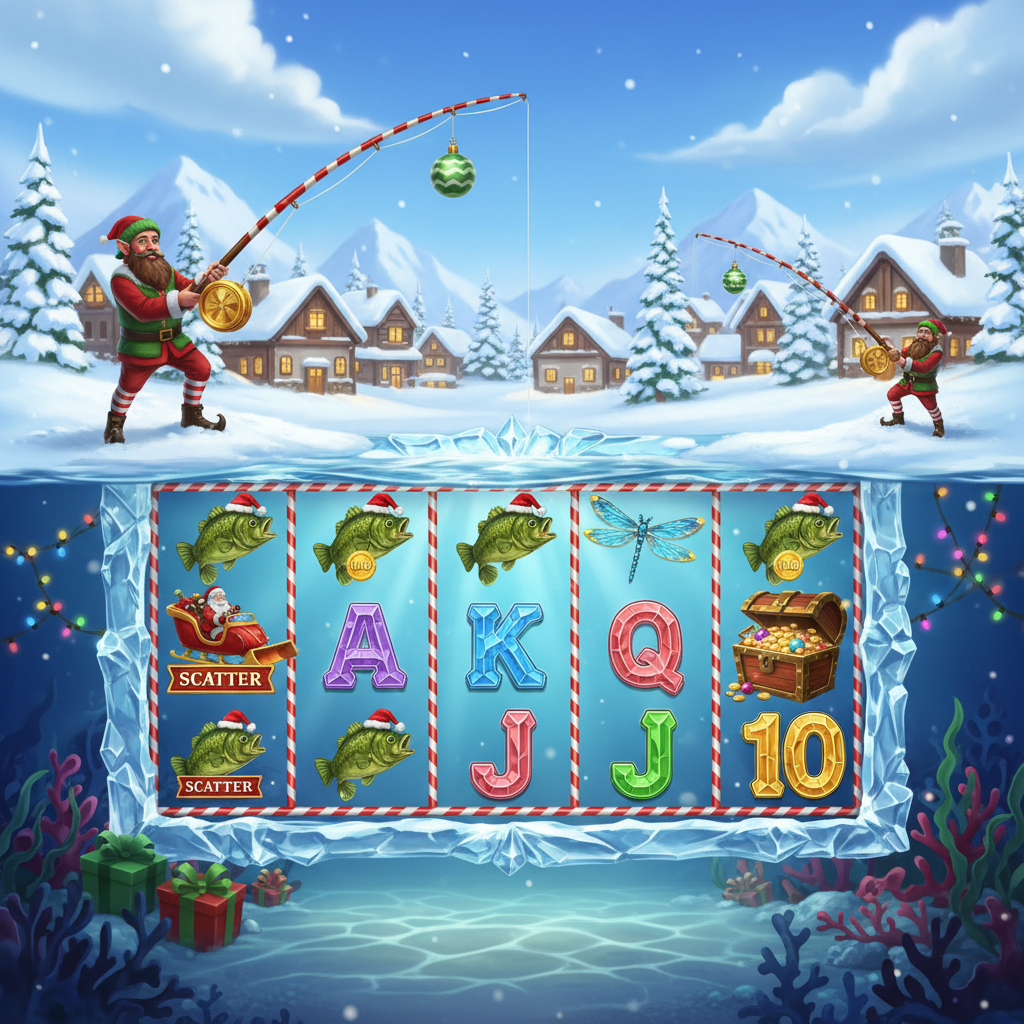 Big Bass Christmas Bash Slot mit Weihnachtsmann auf Schlitten, Eisfischer mit Rute, Bass-Fisch mit Santa-Mütze und verschneitem Winterdorf