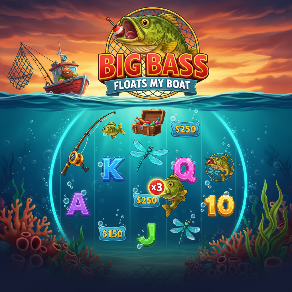 Big Bass Floats My Boat Slot – Fischerboot mit Angler, springender Bass-Fisch, Unterwasser-Szene mit Sonnenuntergang, Fischernetze und bunten Symbolen auf 5x4 Walzen