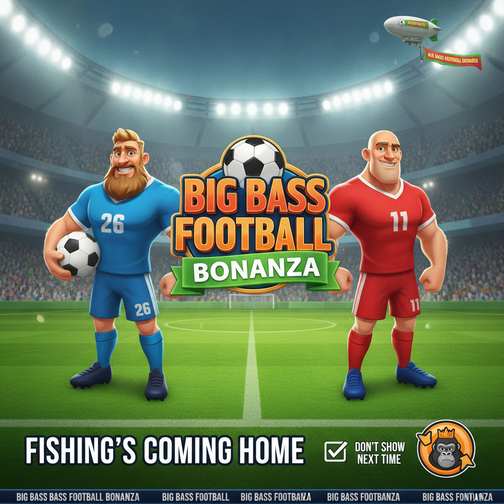 Big Bass Football Bonanza Slot zeigt Fußballstadion mit zwei muskulösen Cartoon-Spielern in blauem und rotem Trikot, Fußball und Fischerbonus-Symbolen vor grünem Rasen
