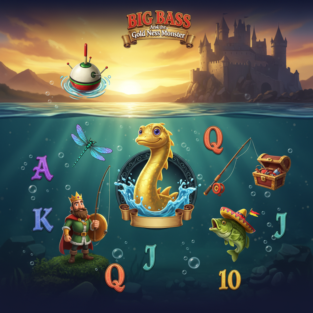 Big Bass and the Gold Ness Monster Slot – Unterwasser-Angelabenteuer im schottischen Loch mit goldenem Nessie-Monster, Fischereiköder, Libelle und mittelalterlicher Burg