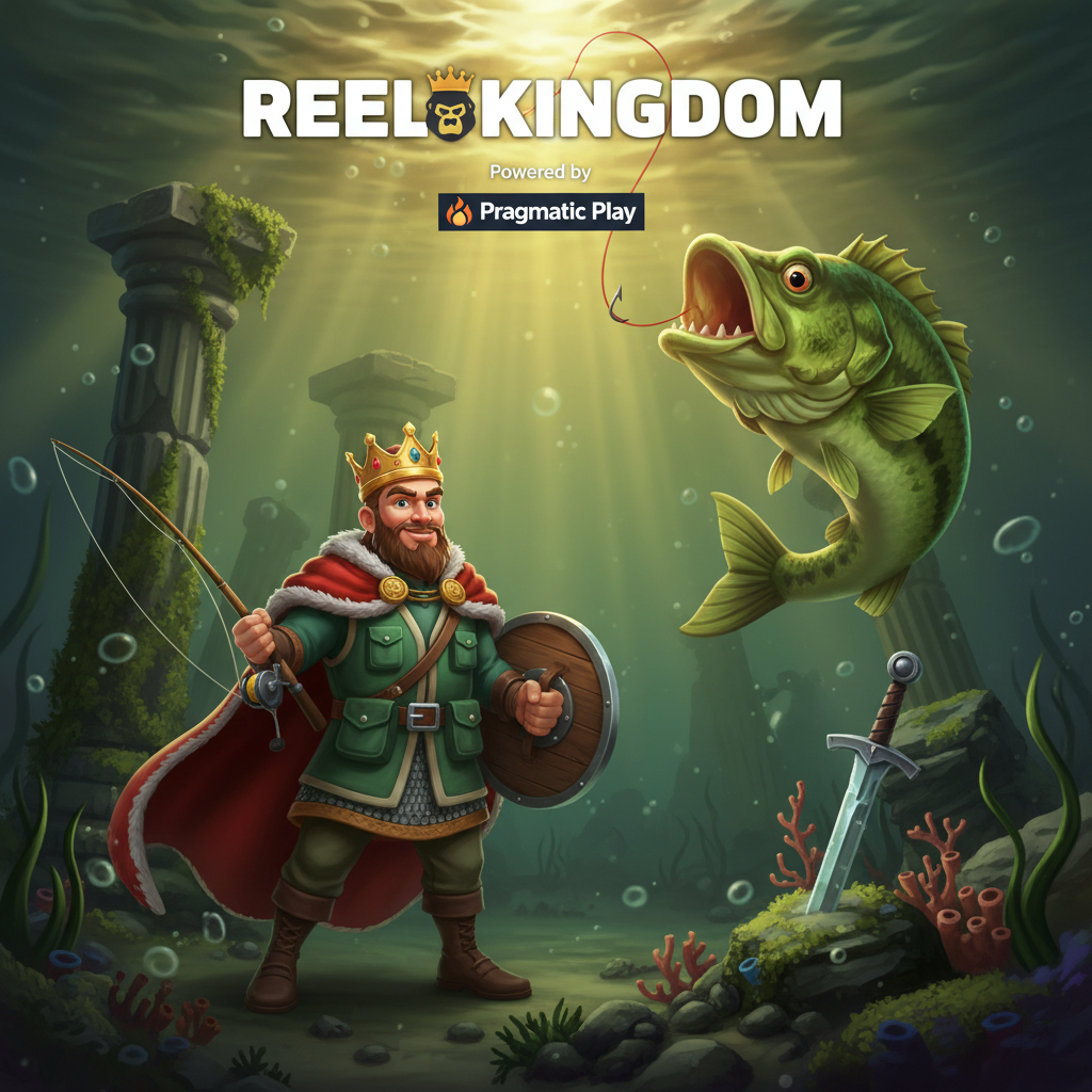 Big Bass Secrets of the Golden Lake Slot - Fisherman King mit Krone und Angelrute vor untergetauchten Ruinen, grüner Bass Fisch springt aus goldenem Wasser, mittelalterliche Fantasy Unterwasser-Szene