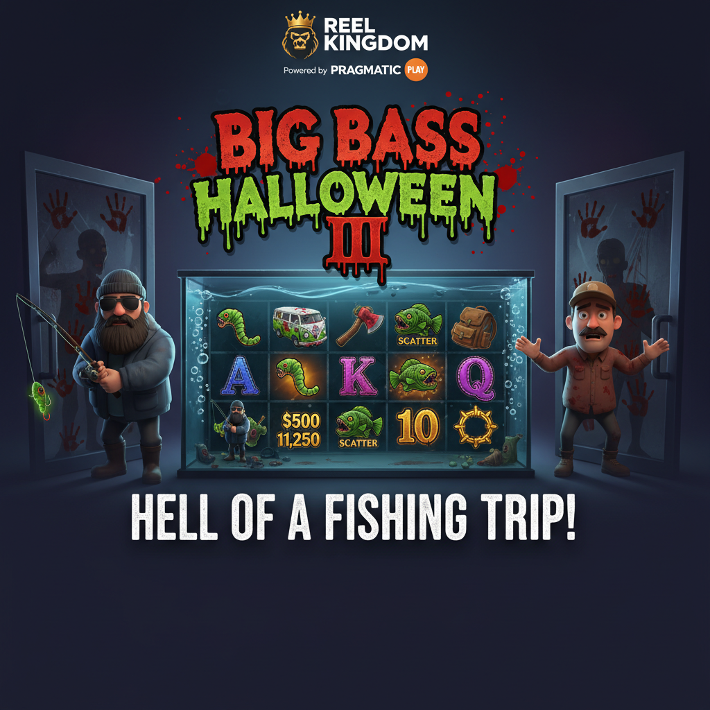 Big Bass Halloween III Slot mit Zombie-Fischern, blutigen Handabdrücken auf Glas und Horror-Symbolen von Pragmatic Play