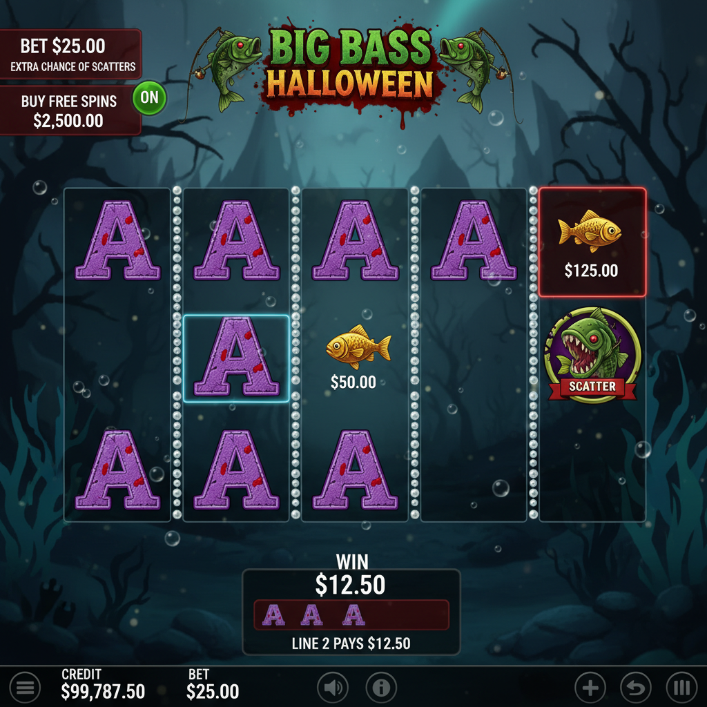 Big Bass Halloween Slot mit Zombie-Bass Fisch, düsterer Unterwasser-Kulisse, Scatter-Symbol und Halloween-Thema auf 5x3 Walzen