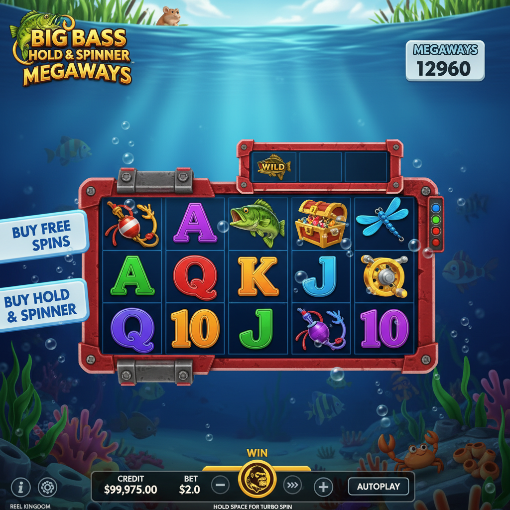 Big Bass Hold & Spinner Megaways Slot mit Angler, Fischerboot, Unterwasser-Szene, Bass-Fisch, Münzen und Megaways-Walzen mit bis zu 147.456 Gewinnwegen