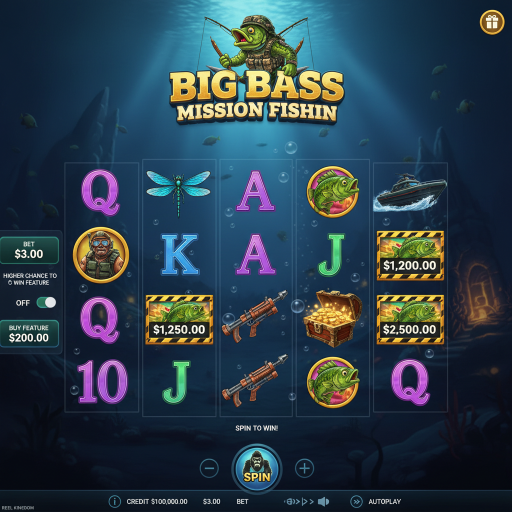 Big Bass Mission Fishin Slot mit taktischem Taucher, grünem Bass-Fisch, Unterwasser-Hintergrund, Scatter-Symbolen und 5x3 Walzen-Raster