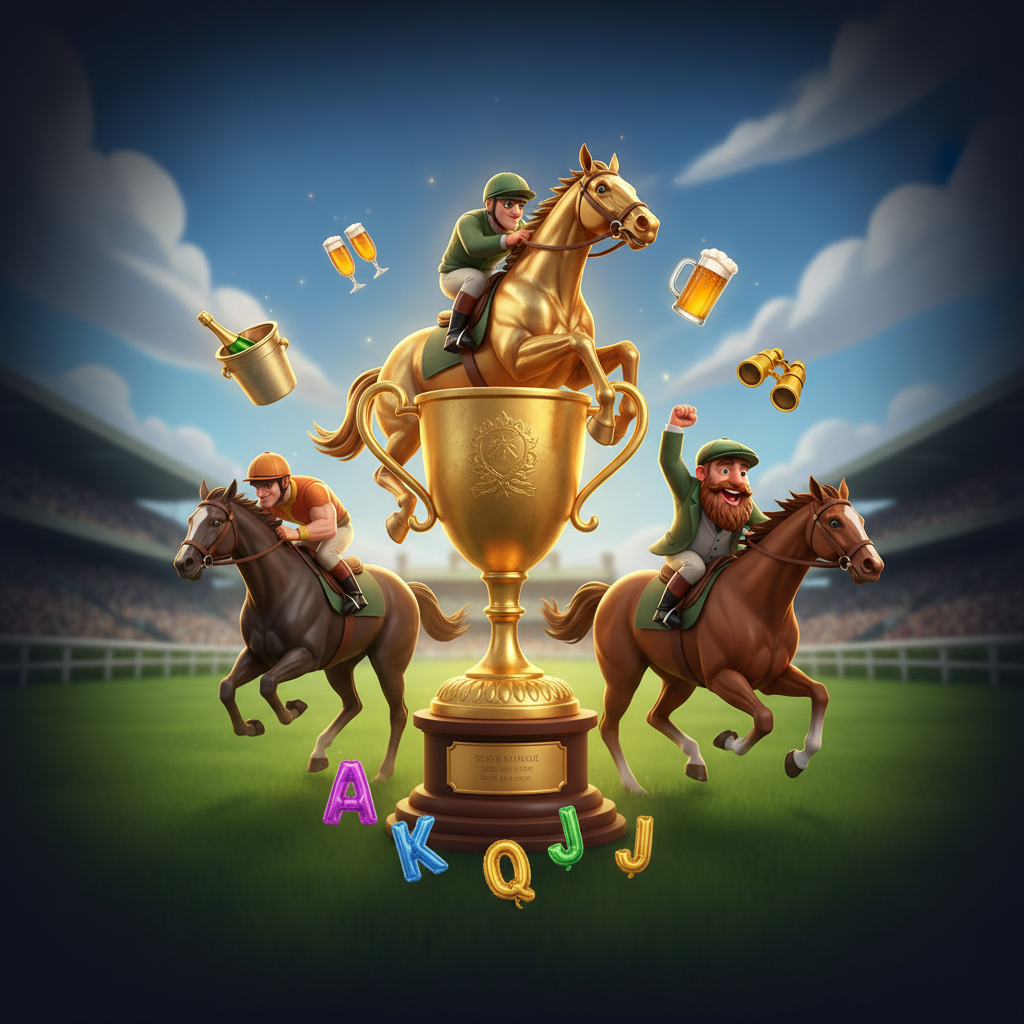 Big Bass Day at the Races Slot mit goldenem Pferde-Trophäe, Jockey auf Rennpferd und Rennstrecke im Hintergrund