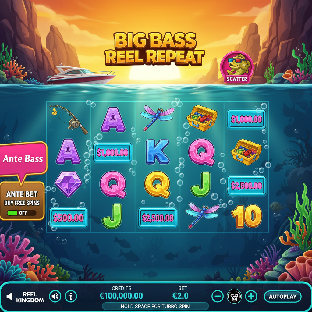Big Bass Reel Repeat Unterwasser-Angelslot mit Fisherman Charakter, Bass-Fischen in türkisem Wasser, Speedboat, Dragonfly und Money-Symbolen auf 5 Walzen