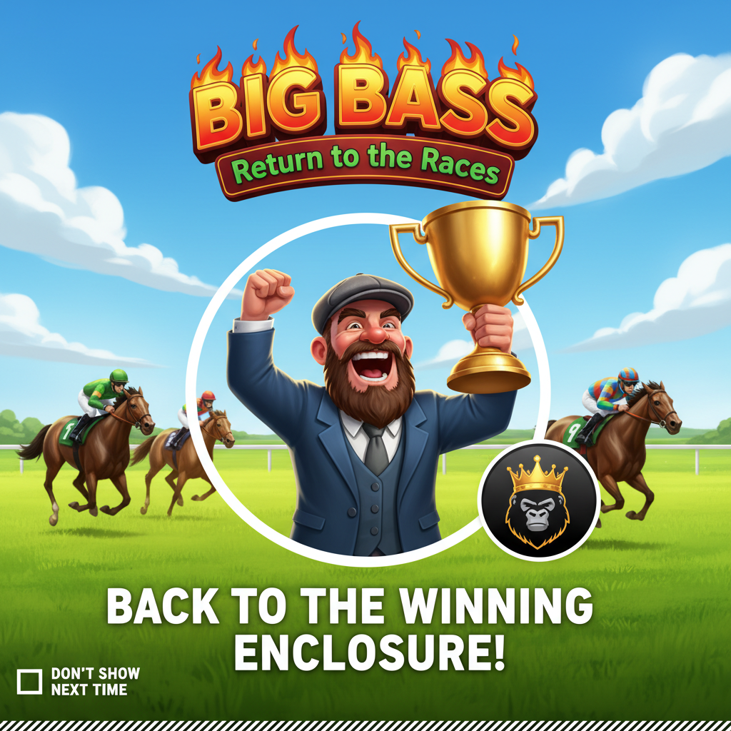 Big Bass Return to the Races Pferderennen-Slot mit bärtigem Mann in blauem Anzug, goldener Trophäe und Rennpferden im Hintergrund auf grünem Rasenplatz