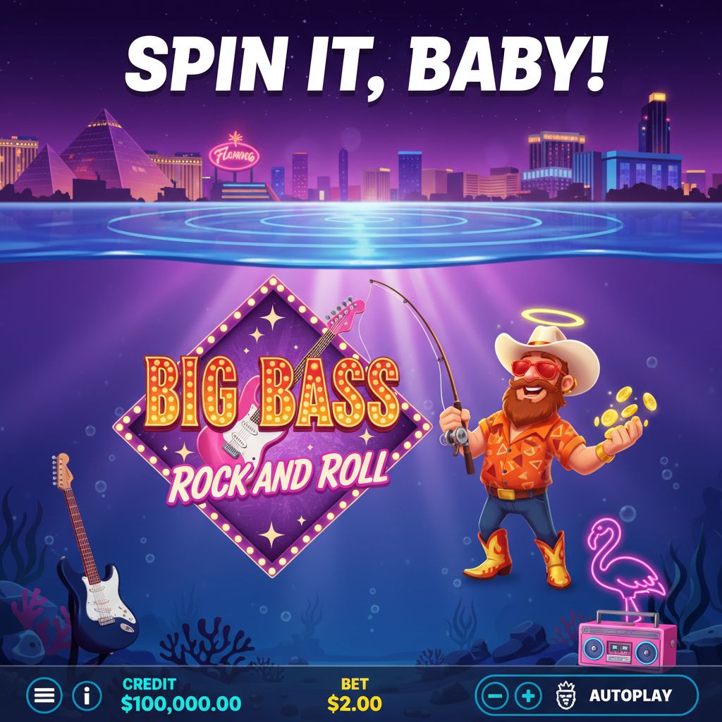 Big Bass Rock and Roll Slot – Unterwasser-Rock-Konzert mit Angler-Rocker, rosa Cadillac, pinkem Flamingo und Las Vegas Skyline bei Nacht