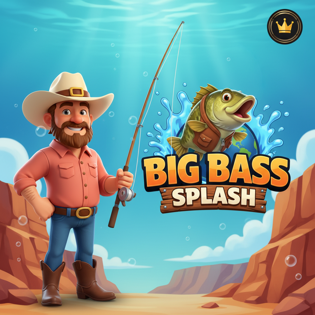 Big Bass Splash Slot mit freundlichem Fischer-Maskottchen in rosa Hemd und Cowboyhut, Unterwasser-Angel-Thema mit bunten Fisch-Symbolen und türkisblauem Wasser-Hintergrund