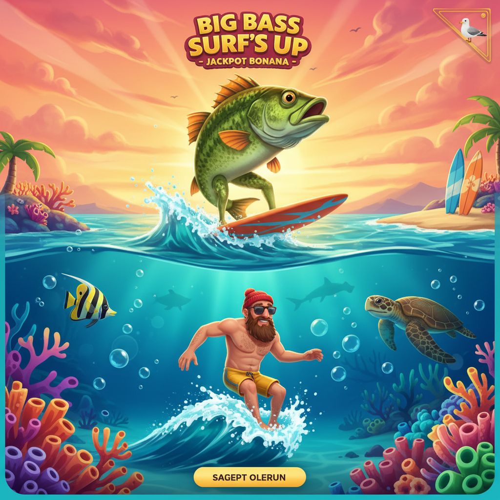 Big Bass Surf's Up Slot mit Bass-Fisch, Surfer-Charakter und Unterwasser-Sonnenuntergang-Szenerie, Reel Kingdom Logo und tropischen Elementen