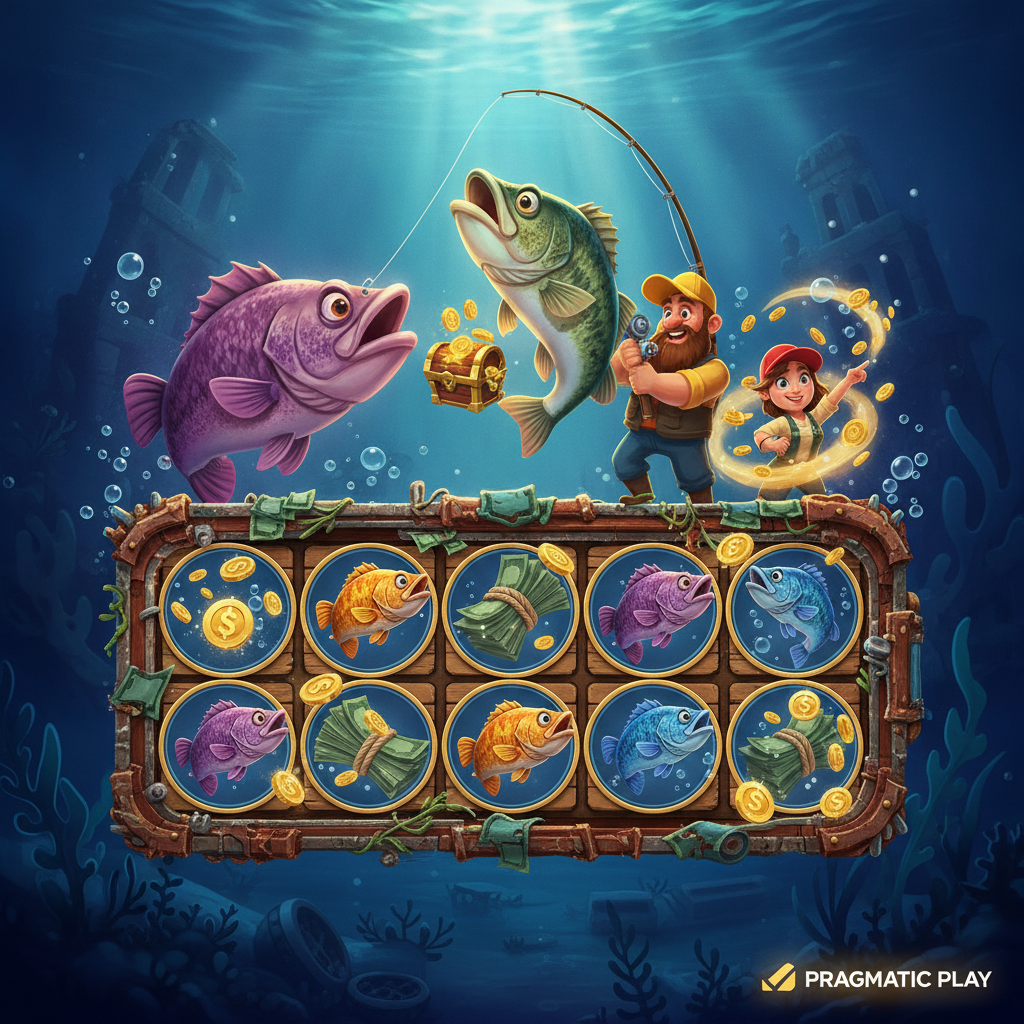Big Bass Trophy Catch Slot von Pragmatic Play mit Unterwasser-Angelszene, bunten Bass-Fischen, Geld-Symbolen und drei Angler-Charakteren