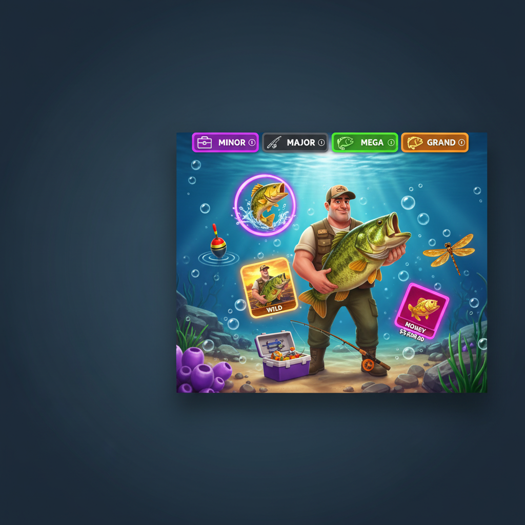 Big Bass It's a Whopper Jackpot Bonanza Slot mit Angler Charakter, springenden Bass Fischen, Scatter Symbolen, WILD Fisherman und vier progressiven Jackpots in Unterwasser Szene mit Angelrute und Tackle Box