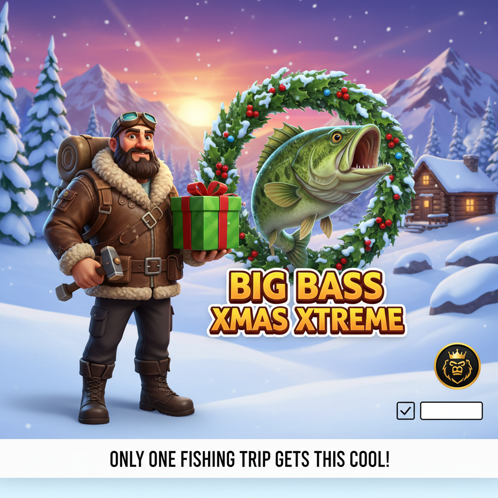 Big Bass Xmas Xtreme Slot – Weihnachtlicher Angler mit Geschenken, Bass-Fisch mit Kranz, verschneite Winterlandschaft