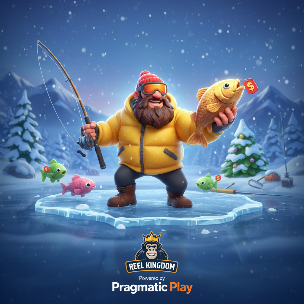 Bigger Bass Blizzard Christmas Catch Slot – Eisangler mit gelbem Parka und roter Mütze beim Winterfischen, bunte Fische mit Geldwerten, verschneite Landschaft