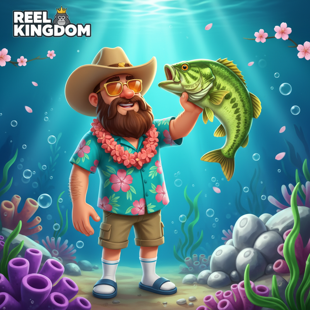 Bigger Bass Splash Slot: Cartoon-Fisherman mit Sonnenbrille und Hawaii-Hemd, grüner Bass-Fisch, tropische Unterwasserwelt mit Korallen und Seegras, Reel Kingdom Logo
