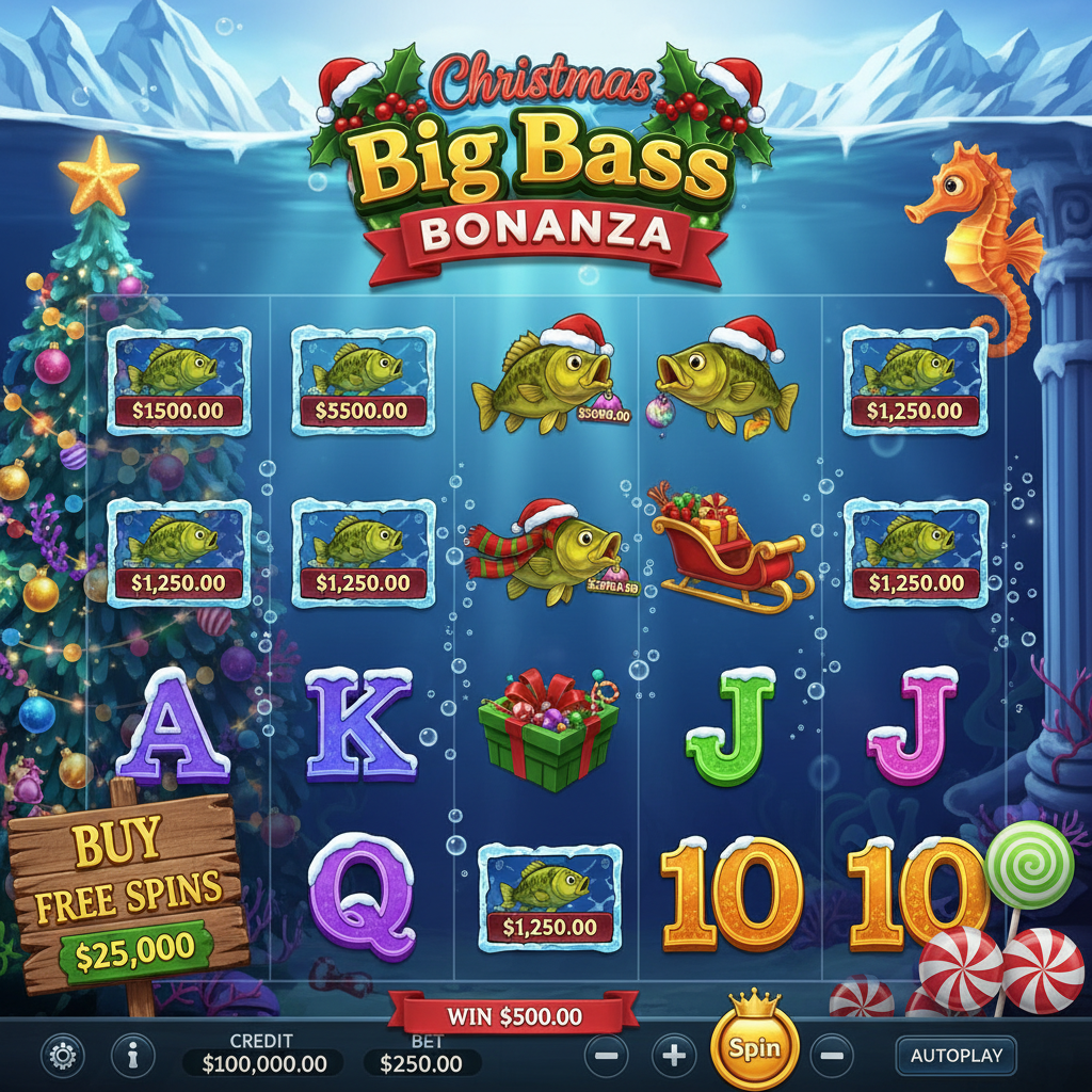 Christmas Big Bass Bonanza slot showing festive bass fish wearing Santa hats, underwater Christmas tree with ornaments, icy letter symbols with snow caps, and Santa's sleigh on a 5x3 reel grid with frozen winter wonderland theme